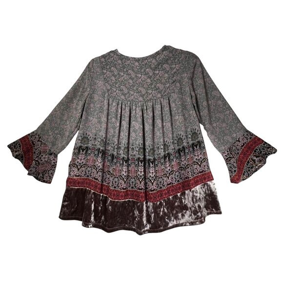 Knox Rose Boho Tunic Top Tassels Velvet Hem Bell Sleeves Gypsy Peasant Gray S - Picture 2 of 16